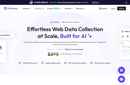 911Proxy_提供超过 7200 万个高度匿名的住宅代理 IP，突破全球 IP 限制，覆盖 195 个国家 / 地区，确保用户灵活选择所需位置