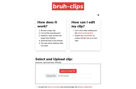 bruh视频分享_bruh视频分享官网入口网址，视频分享工具，仅支持不大于 500MB 的 .mp4 视频，两天后自动删除，他人打开分享链接即可播放，免费使用，无需注册