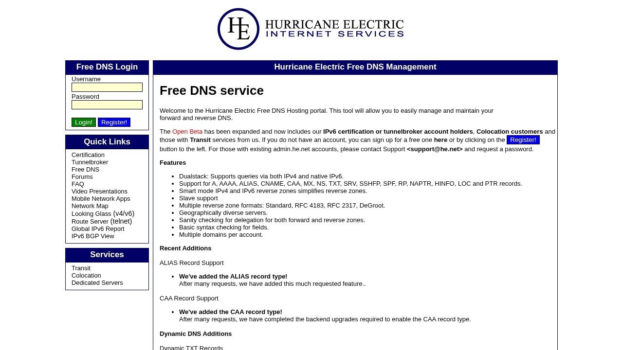 Hurricane Electric Hosted DNS