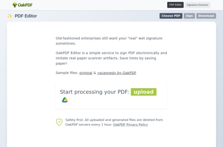 OakPdf PDF Editor官网,通过该网站上传PDF文件，进行电子签名，模拟真实的纸质签名效果。只需上传文件，进