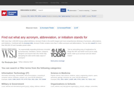 Acronym Finder – 英文缩写查询_Acronym Finder是世界上最大、最全面的首字母缩略词、缩写和首字母缩写词典之一。它由超过1,000,000个人工编辑的定义组成，提供了广泛的首字母缩略词和缩写的解释。除了首字母缩略词和缩写，该平台还提供超过50,000个首字母缩略词和缩写的库。此外，您还可以搜索超过850,000个美国和加拿大邮政编码