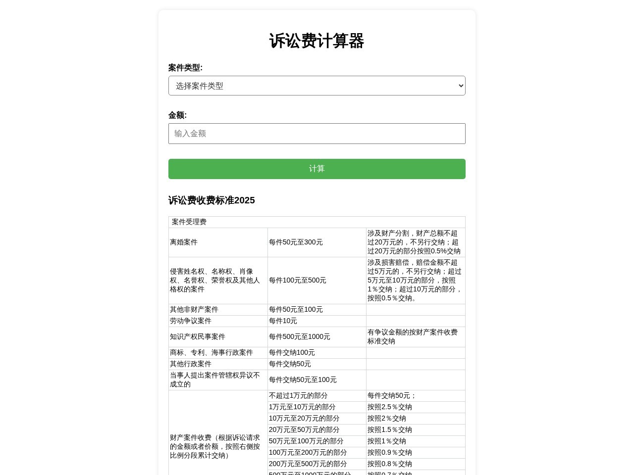 诉讼费计算器